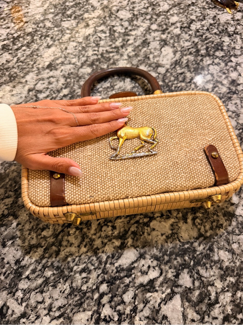 Vintage Western Natural Woven Top-Handle Bag with Gold Horse Accent - Picture 8 of 8